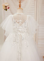 A-line Tulle Sweep Train Ivory First Communion Flower Girl Dress