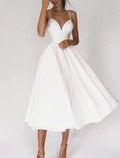 Wedding Dresses A-Line Sweetheart Camisole Spaghetti Strap Tea Length Chiffon Bridal Gowns With Pleats Dresses
