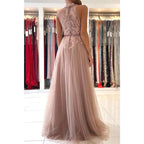 Unique High Neckline Lace Appliques Elegant Tulle Formal Evening Dress