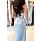 Sheath Satin Pleated Side Slit Long Prom Formal Dress