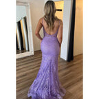 Elegant & Luxurious Spaghetti Straps Side Slit Mermiad Backless Applique Prom Dress
