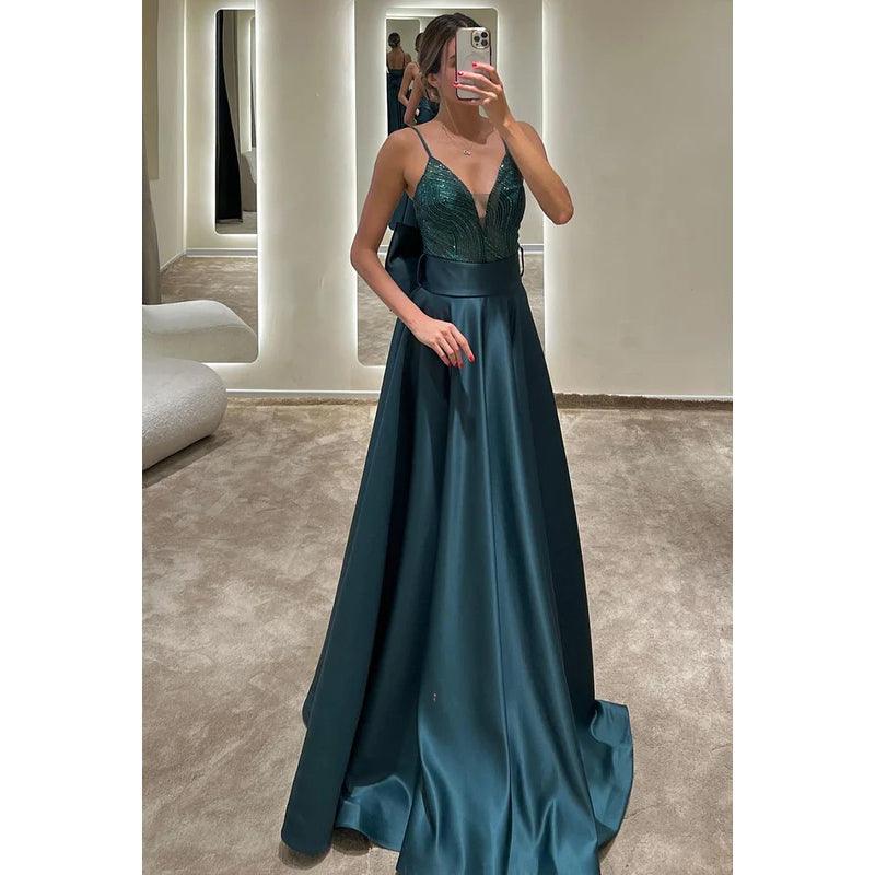 V-Neck Spaghetti Straps Sequined Satin A-Line Long Evening Dress