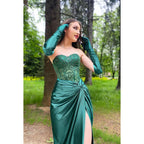Sweetheart Strapless Beaded Ruched Satin Sheath Long Prom Evening Dress