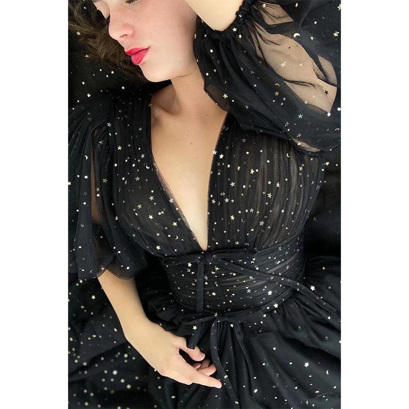 Sexy V-neck Half Sleeves High Split Sparkly Prom Dress with Pockets