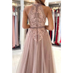 Unique High Neckline Lace Appliques Elegant Tulle Formal Evening Dress