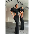 Round Neck Cut Outs Sheath Long Prom Evening Gown With Puff Sleeves