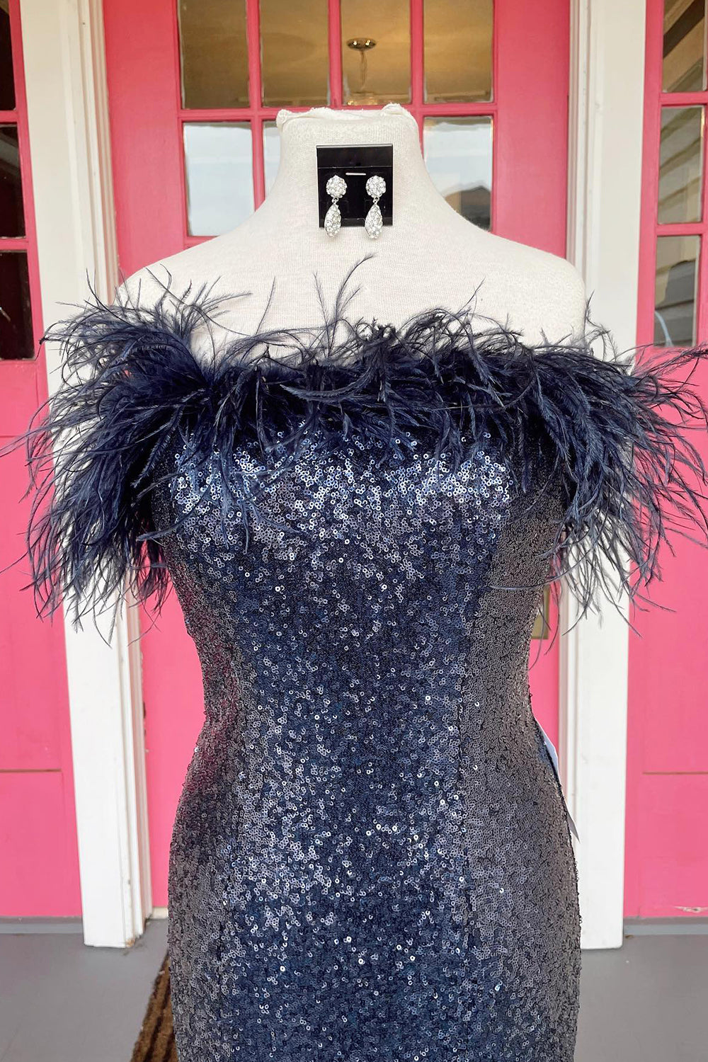 Mermaid Strapless White Sequins Plus Size Prom Dress with Feathers