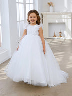 Ivory Princess Ball Gown with Lace Appliques and Tulle Court Train for Girls