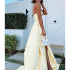 Sweetheart Yellow Satin High Split Prom Dress with Pockets