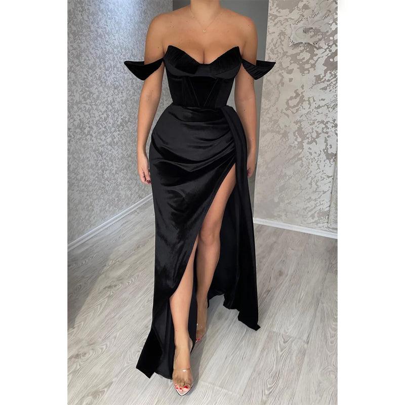 Sexy V-neck Pleats Black Long Formal Evening Dress with Slit
