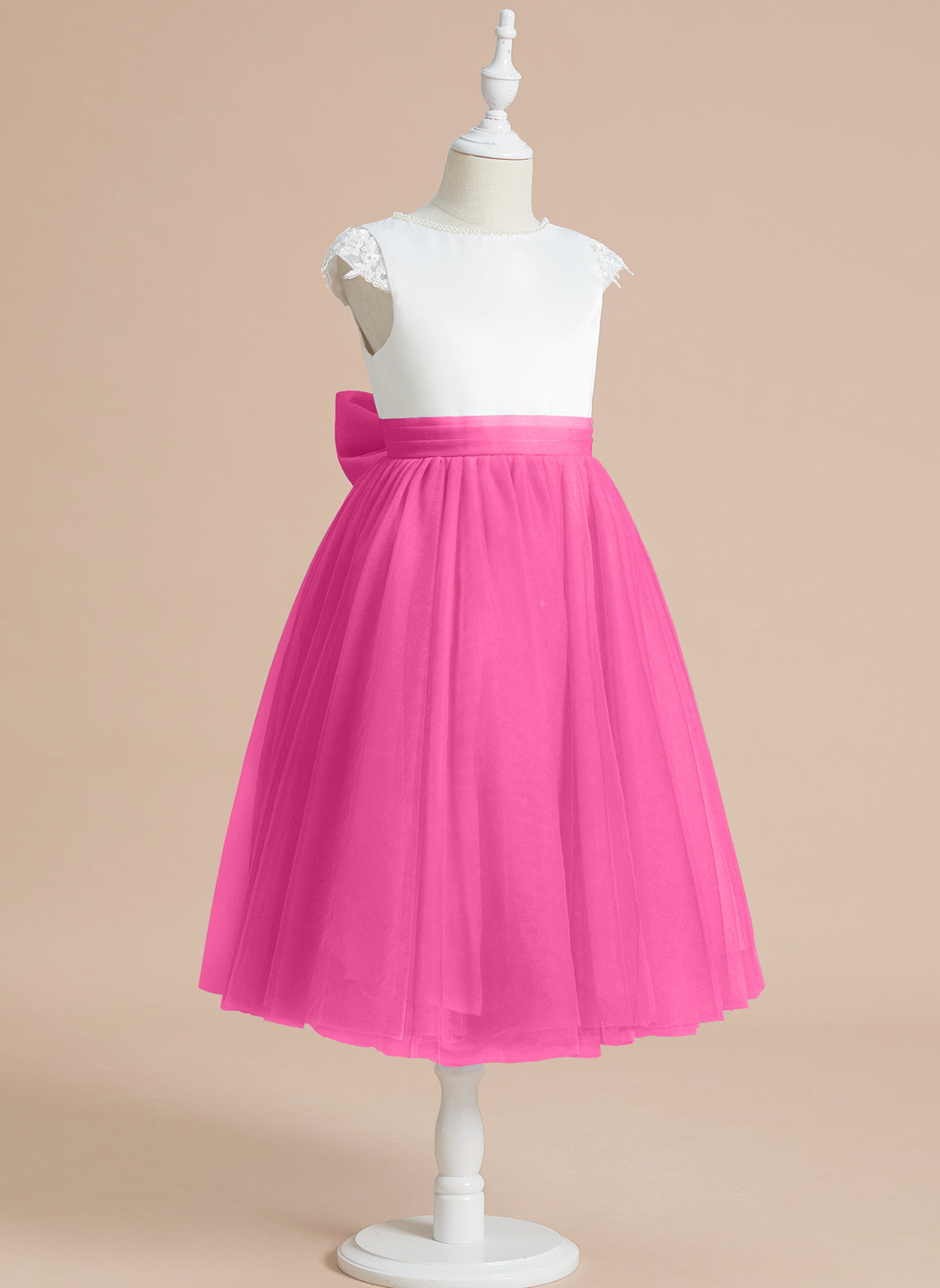 A-line Satin Tulle Tea-length First Communion Flower Girl Dress