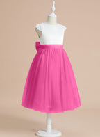 A-line Satin Tulle Tea-length First Communion Flower Girl Dress