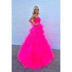 Strapless Hot Pink A-Line Tulle Long Prom Gown