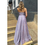 V-Neck Criss-Cross Straps Sparkly Long Prom Dress With Pockets