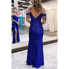 Royal Blue Off the Shoulder Sequins Sheath Prom Dress with Fringes