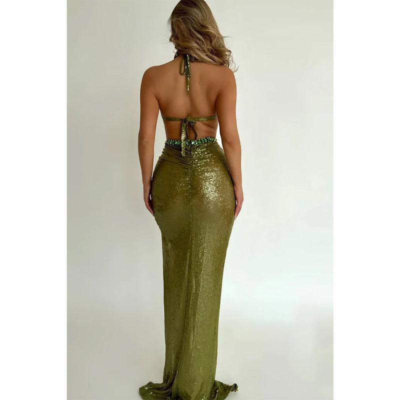 Sexy & Sheath Halter Beaded Sequins Green Long Evening Prom Dress