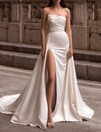 Hall Casual Wedding Dresses Chapel Train Mermaid / Trumpet Sleeveless Strapless Stretch Fabric With Split Front