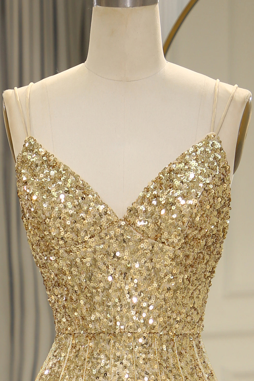 Bling Mermaid Spaghetti Straps Golden Sequins Long Prom Dress with Split Front