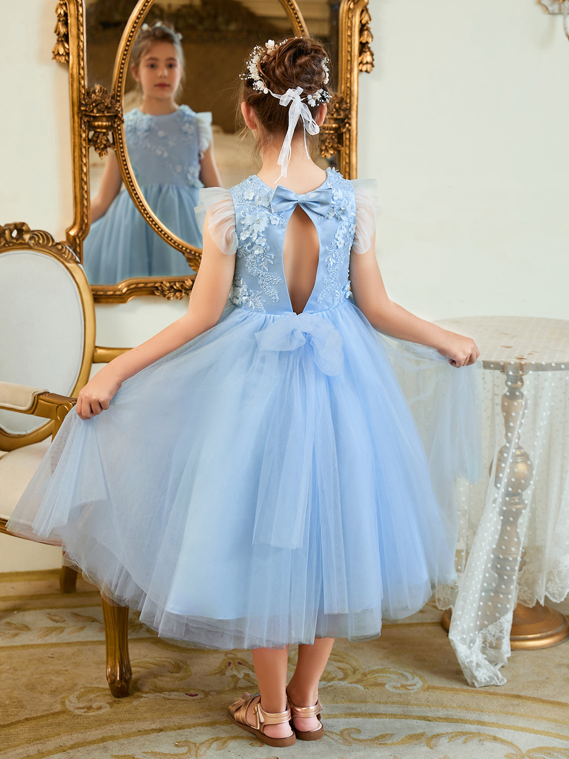 Ball-Gown/Princess Satin Tulle Tea-length Blue Dress (2003225970)