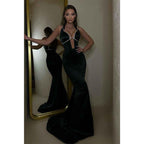 Sexy Deep V Neck Beads Mermaid Black Long Prom Party Dress