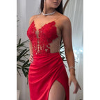 V-neck Spaghetti Straps Appliques with Side Slit Party Prom Evening Dress