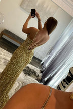  Charming Mermaid V Nekc Gold Sequins Long Prom Dresses with Slit