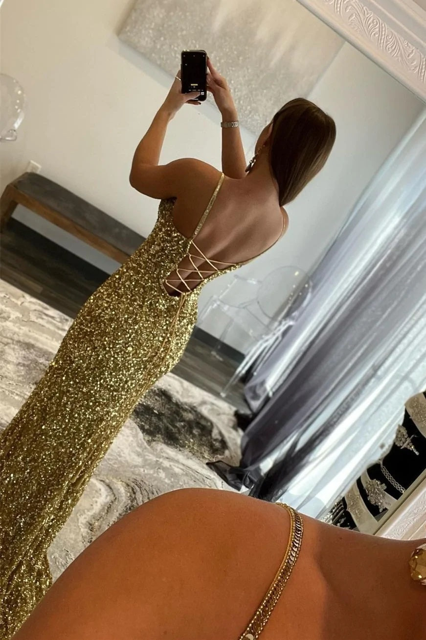  Charming Mermaid V Nekc Gold Sequins Long Prom Dresses with Slit