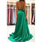 Plunging V-neck Green Blue Elastic Satin Formal Dress with Slit
