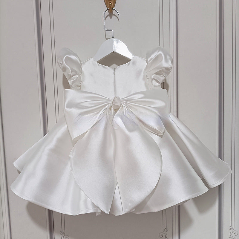 Cute Baby Girl White Satin Three-dimensional Flower First Communion Dress Toddler Prom Dress