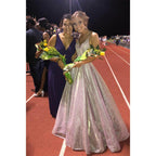 Spaghetti Straps V Neck A-line Prom Dress Glitter Pargeant Dress