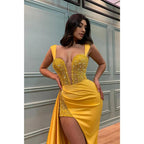 Sexy Deep V Neck Yellow Mermaid Prom Formal Dress with Slit