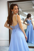 Chraming A Line Spaghetti Straps Blue Long Prom Dress with Split Front