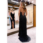 Sexy V-neck Luxury Beads Black Long Prom Dress with Slit