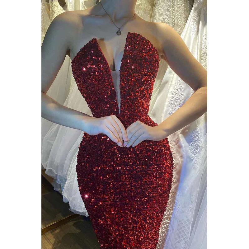 Sexy Deep V Neck Sequins Burgundy Sparkly Prom Party Dress