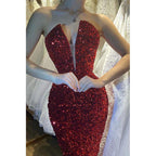 Sexy Deep V Neck Sequins Burgundy Sparkly Prom Party Dress