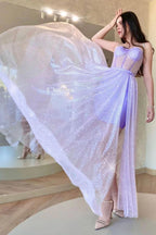 A Line Spaghetti Straps Lilac Corset Prom Dress with Criss Cross Back