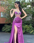 Fabulous Column Tulle Satin Sweetheart Sleeveless Prom Dresses With Ruffles Split