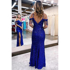 Royal Blue Off the Shoulder Sequins Sheath Prom Dress with Fringes