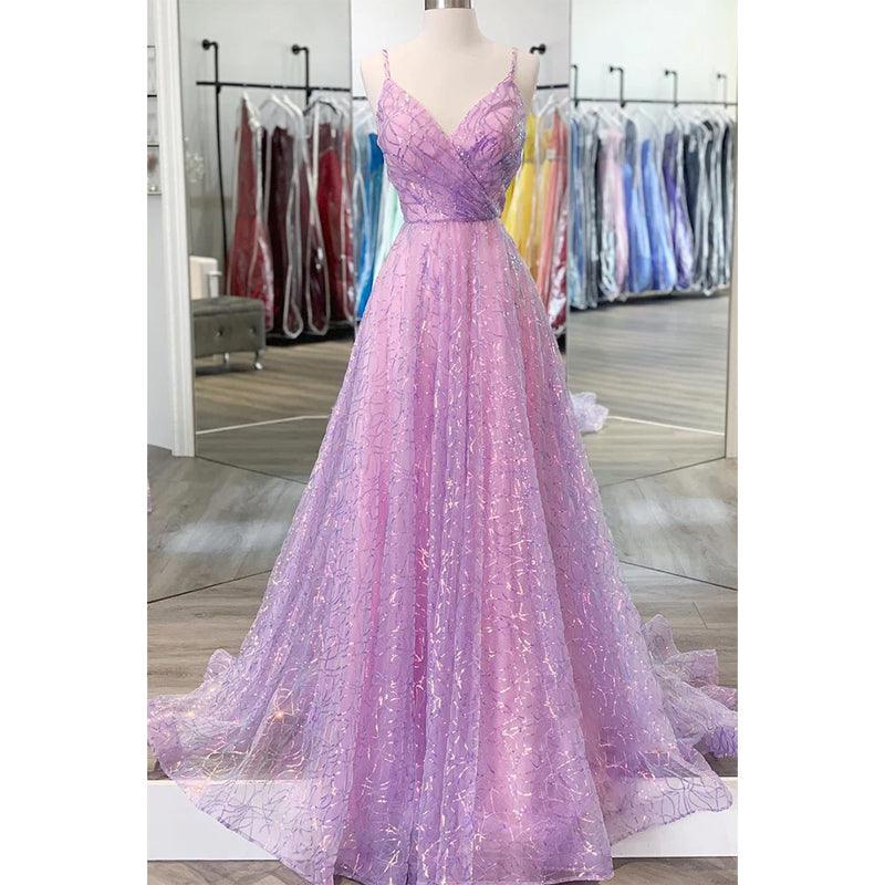 Purple Sequins Lace V-neck A-line Prom Dress Glitter