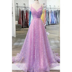 Purple Sequins Lace V-neck A-line Prom Dress Glitter