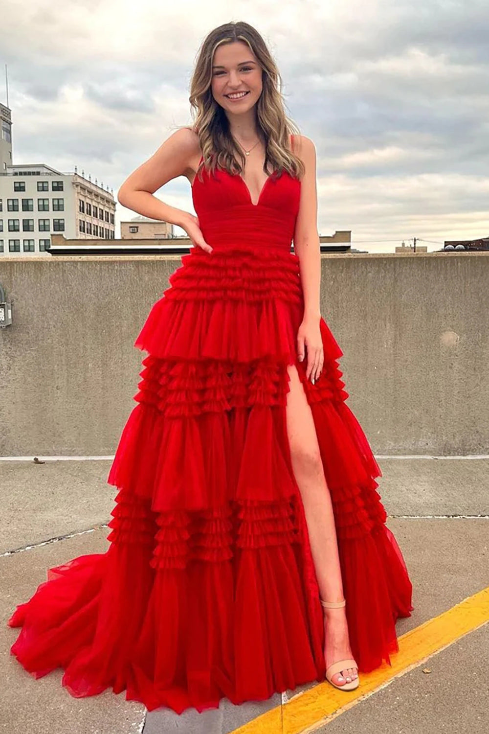 A Line Spaghetti Straps Pink Long Prom Dress with Split