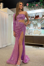 Mermaid One Shoulder Purple Sequins Cut Out Prom Dress