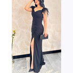 V-Neck Feather Beaded Ruched Satin Sheath Long Evening Dress With Slit