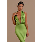 Sexy Halter Low V Neck Ruched Satin Mermaid Long Evening Dress