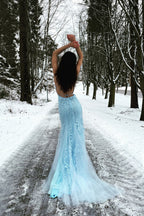 Mermaid Spaghetti Straps Blue Long Prom Dress with Backless