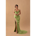 Sexy V Neck Side Slit Satin Mermaid Long Prom Evening Dress With Train