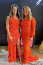Mermaid One Shoulder Orange Sequins Long Prom Dress with Long Sleeves
