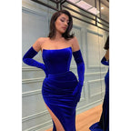 Unique Straps Velvet Pleats Sexy High Split Long Prom Formal Dress