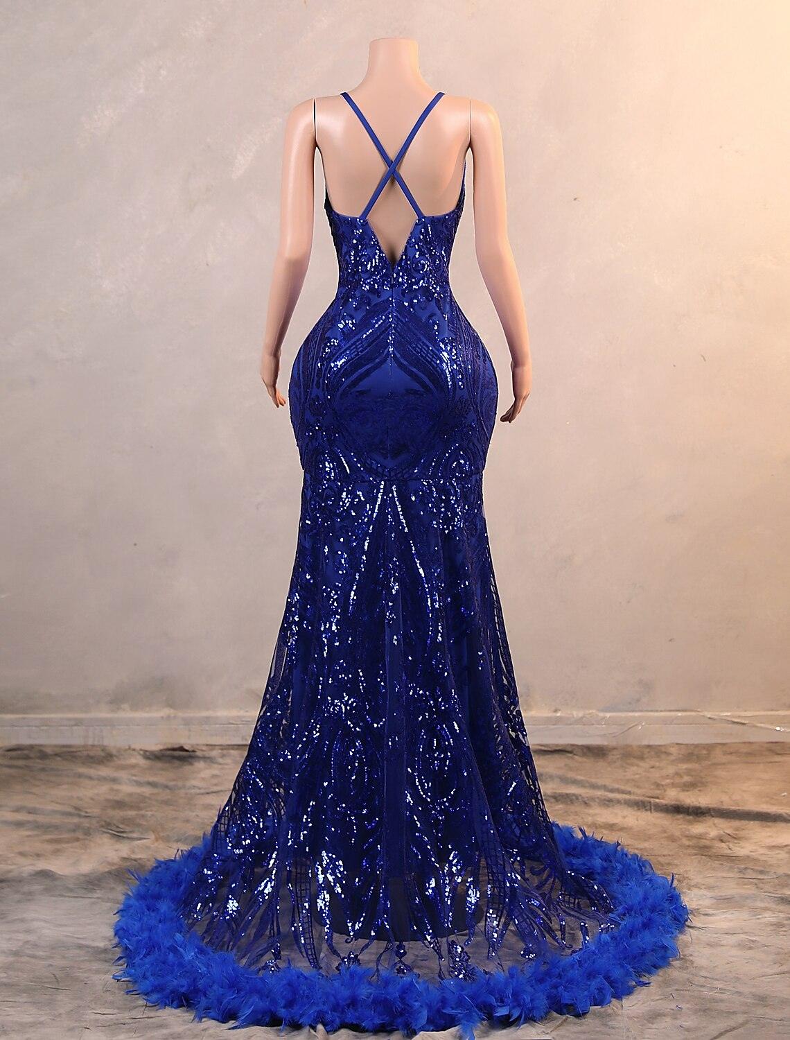 Mermaid / Trumpet Evening Gown Luxurious Dress Carnival Floor Length Sleeveless Spaghetti Strap African American Sequined with Feather Embroidery