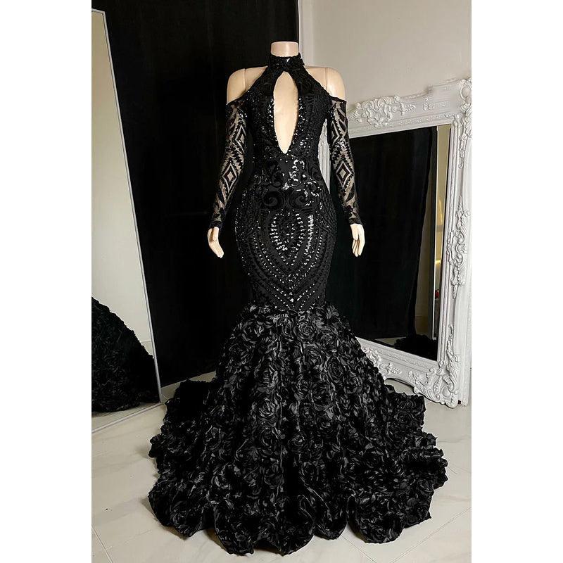 Trumpet/Mermaid V-Neck Lace Sequins Zipper-Up Long Sleeves Prom Dress For Black Slay
